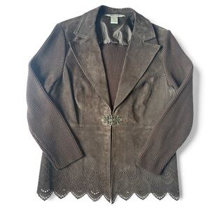 Nygard Collection Petites Faux Suede Knit Jacket Laser Cut Trim Brown L 14 16